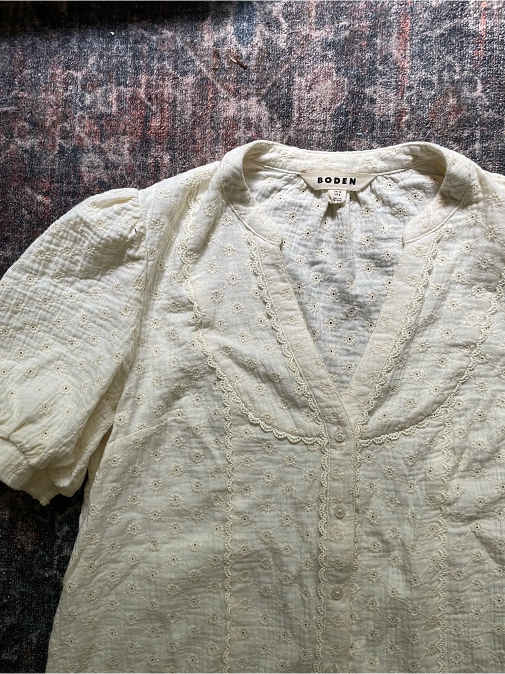 🐑Boden ivory broderie trim insert double-cloth top featuring short puff sleeves🐑 - Picture 4 of 6